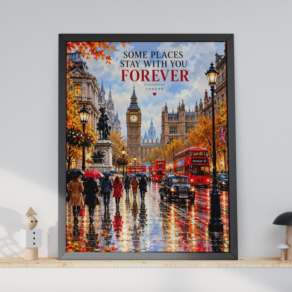 London Street Scene Print, Big Ben, Red Bus, Autumn Rain (Poster)