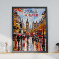 London Street Scene Print, Big Ben, Red Bus, Autumn Rain (Poster)