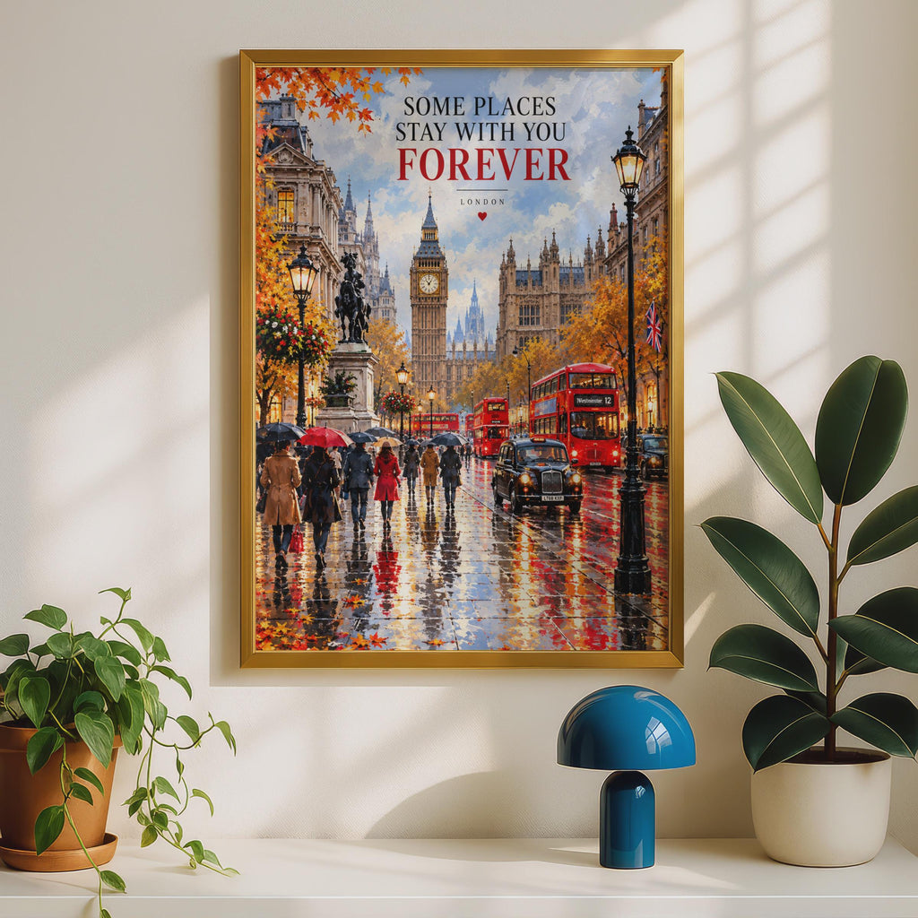 London Street Scene Print, Big Ben, Red Bus, Autumn Rain (Poster)