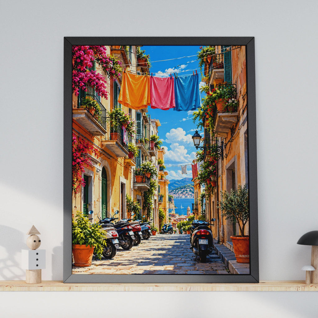 Mediterranean Alley Art Print, Colorful Italian Street, Bougainvillea Wall Decor