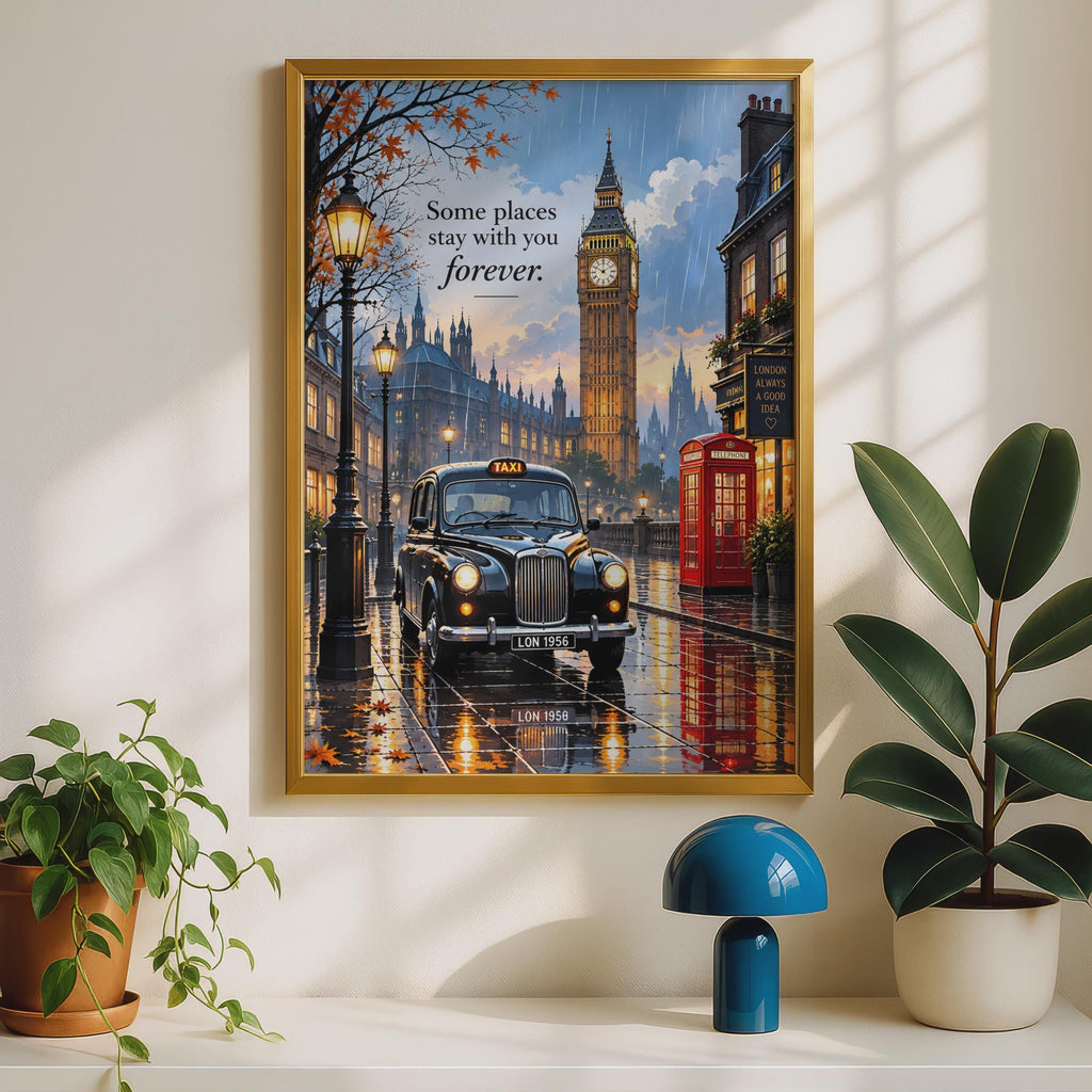 London Street Scene Poster, Black Taxi, Big Ben, Red Phone Box (A4)