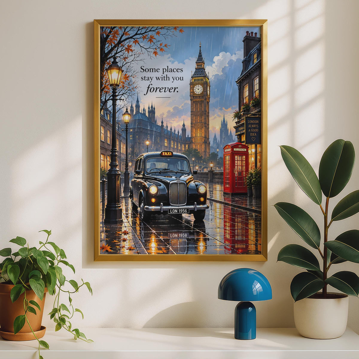 London Street Scene Poster, Black Taxi, Big Ben, Red Phone Box (A4)