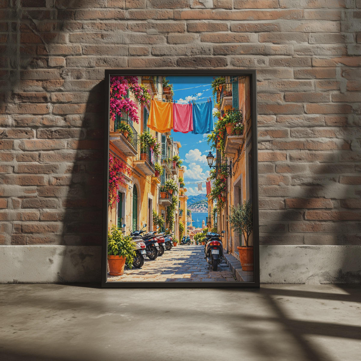 Mediterranean Alley Art Print, Colorful Italian Street, Bougainvillea Wall Decor