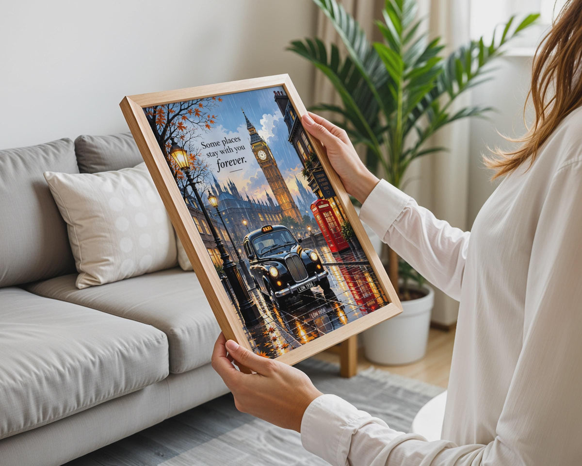 London Street Scene Poster, Black Taxi, Big Ben, Red Phone Box (A4)
