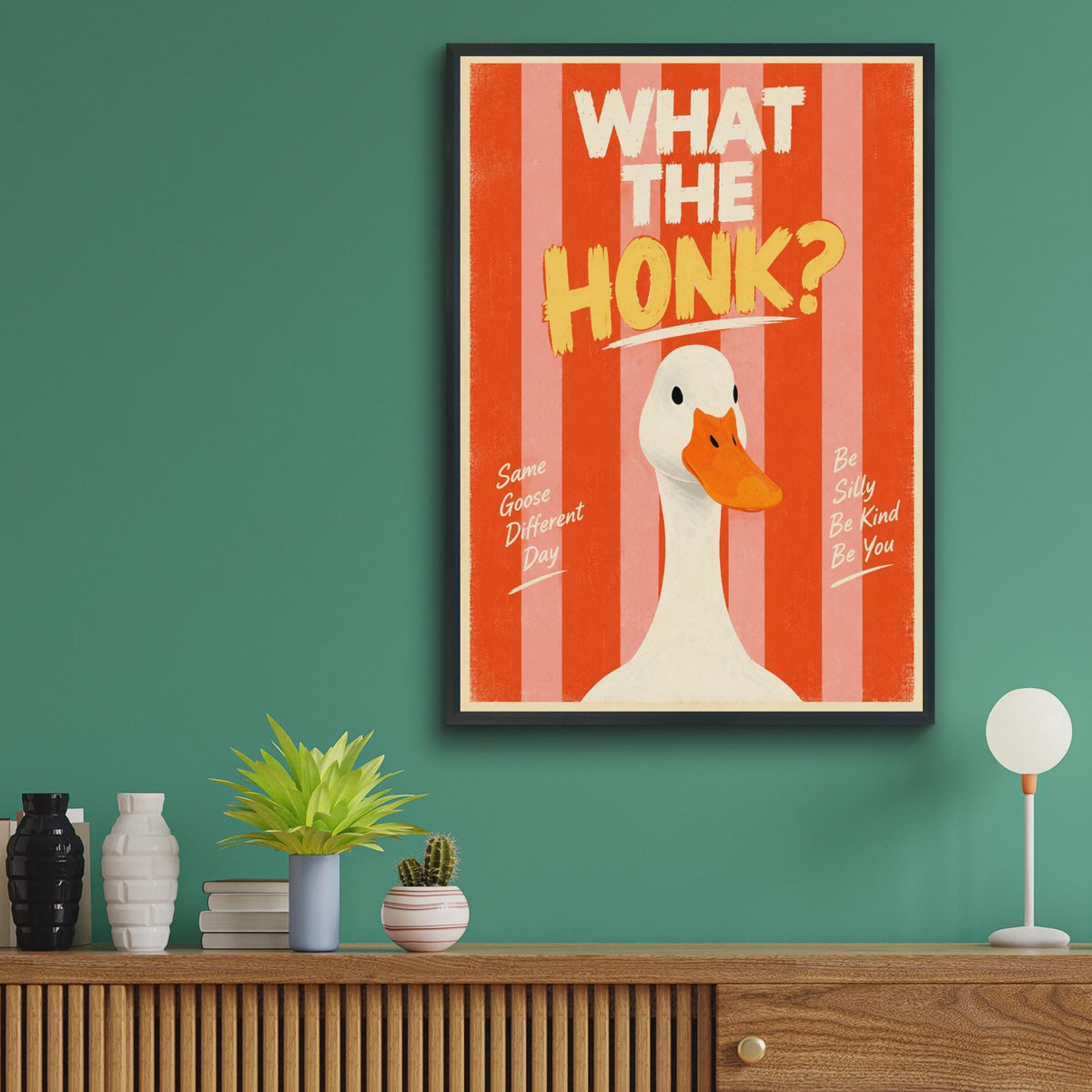Funny Goose Poster, Retro Striped Wall Art, Be Silly Be Kind Quote Print