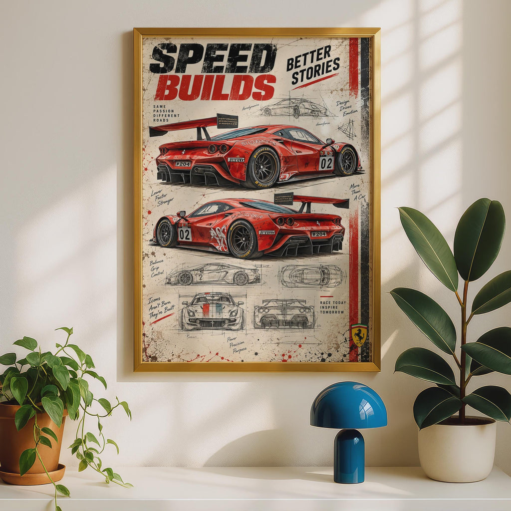 Vintage Red Supercar Blueprint Poster, Motorsport Racing Car Art (A4)