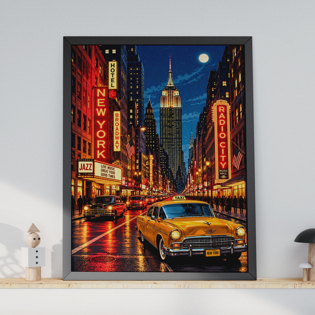 Retro NYC Night Print, Broadway, Empire State Building, Yellow Taxi (Wall Art)