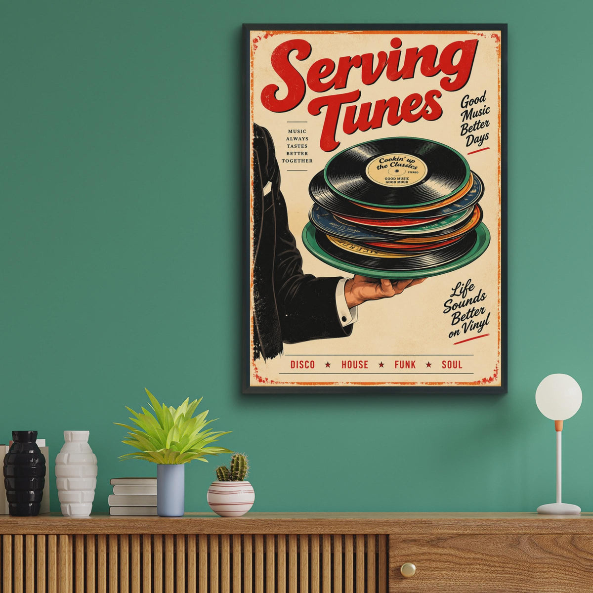 Serving Tunes Vinyl Record Poster, Retro Music Lover Wall Art (A4)