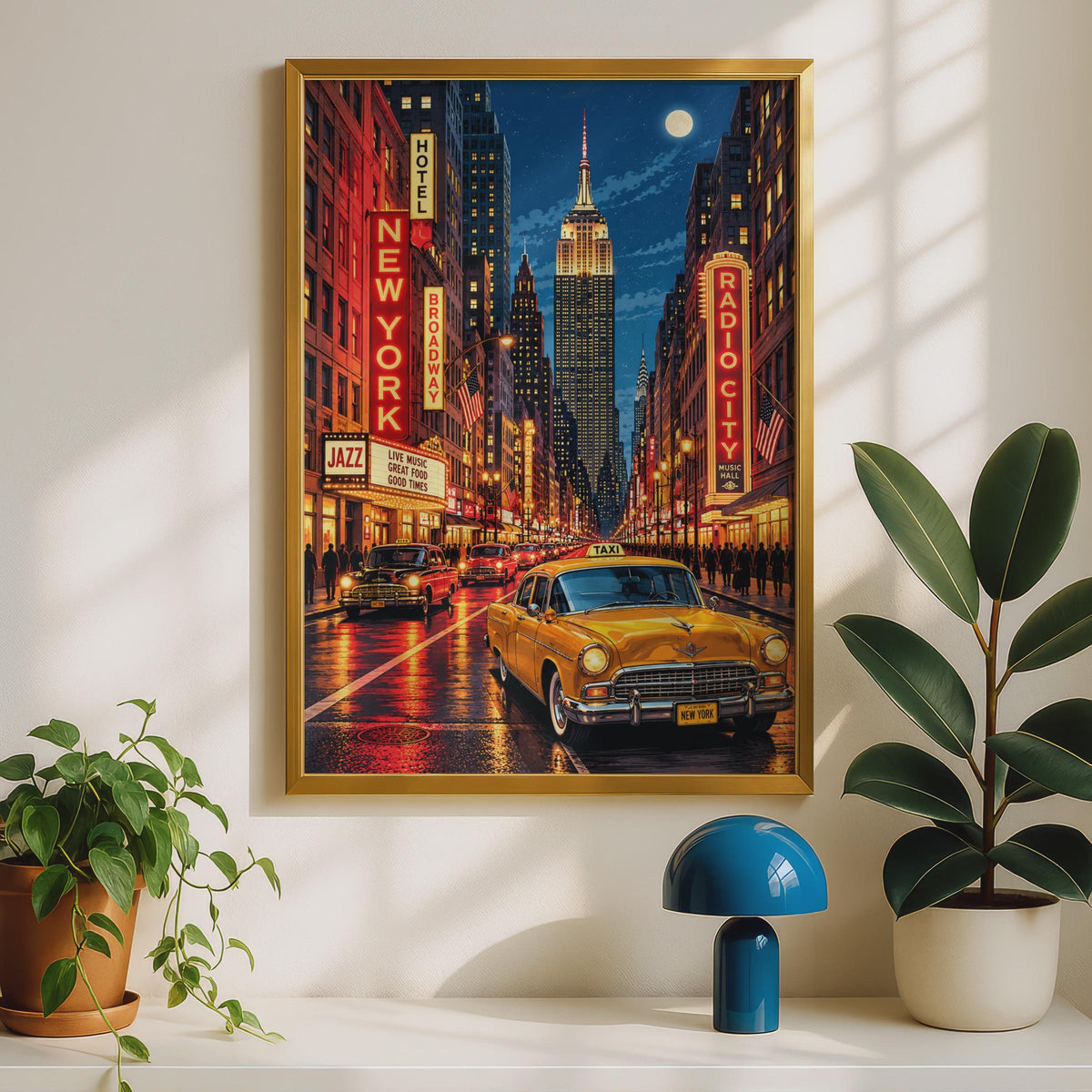 Retro NYC Night Print, Broadway, Empire State Building, Yellow Taxi (Wall Art)