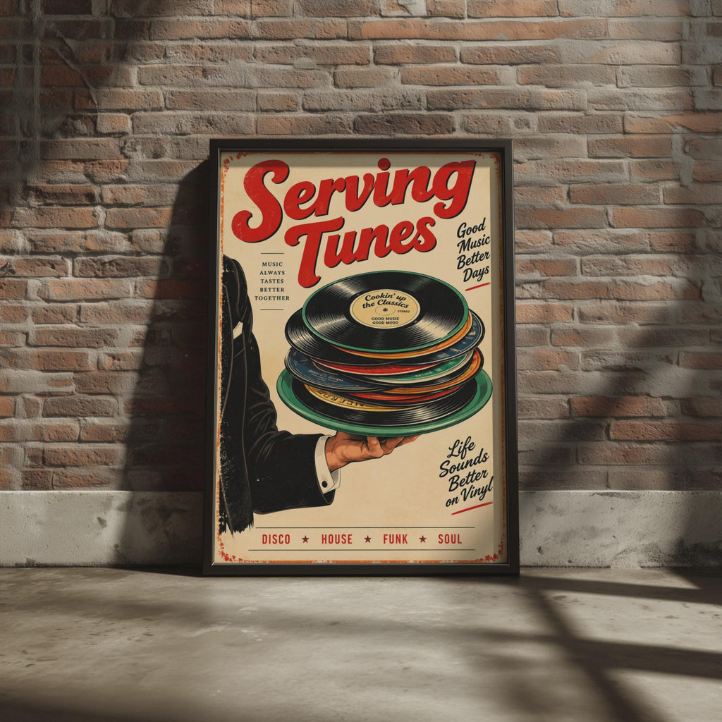 Serving Tunes Vinyl Record Poster, Retro Music Lover Wall Art (A4)