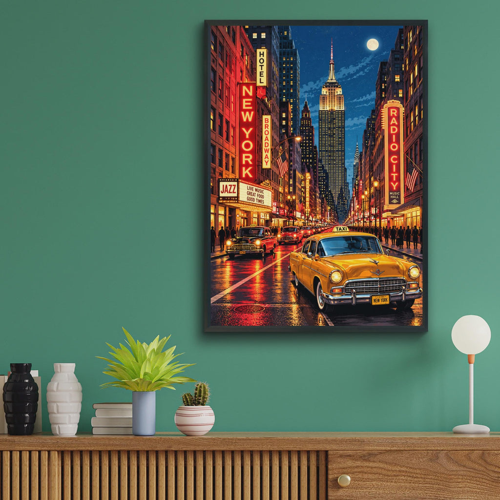 Retro NYC Night Print, Broadway, Empire State Building, Yellow Taxi (Wall Art)