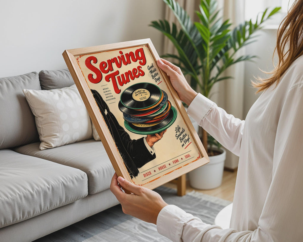 Serving Tunes Vinyl Record Poster, Retro Music Lover Wall Art (A4)