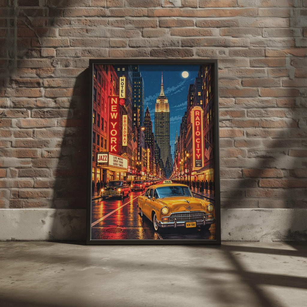 Retro NYC Night Print, Broadway, Empire State Building, Yellow Taxi (Wall Art)