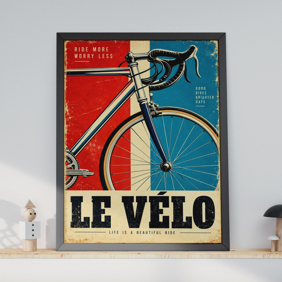 Le Velo Vintage Cycling Poster, Retro French Road Bike Art, Tricolor Decor