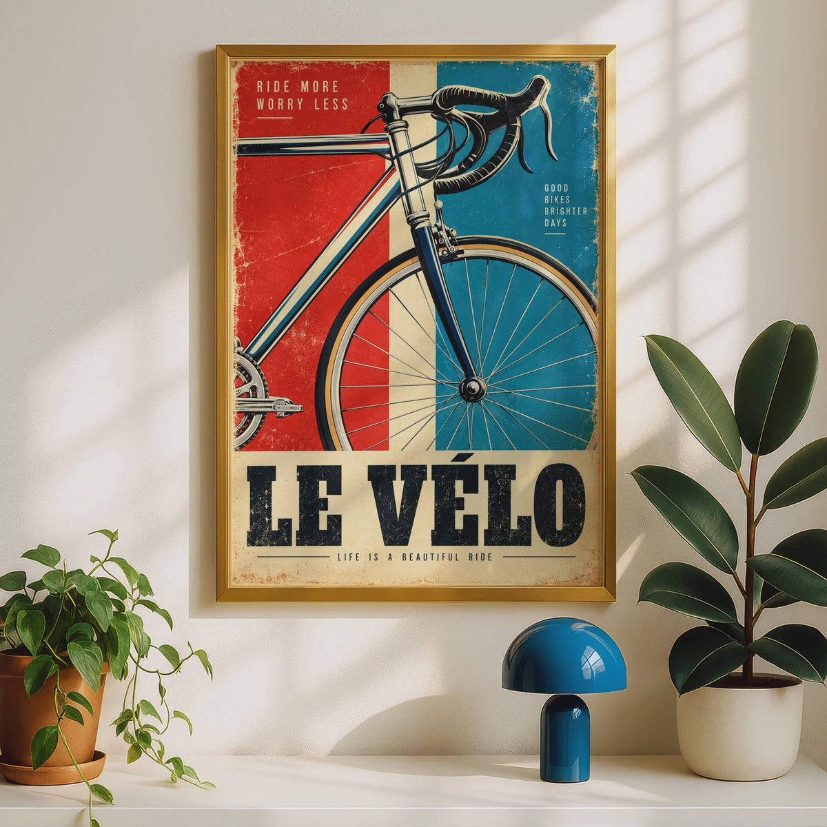 Le Velo Vintage Cycling Poster, Retro French Road Bike Art, Tricolor Decor