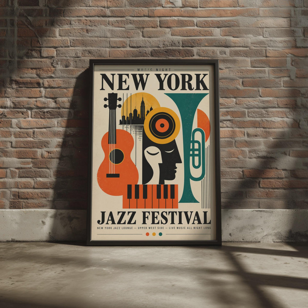 New York Jazz Festival Poster, Retro Music Wall Art, NYC Skyline Print (Mid-Century Style)