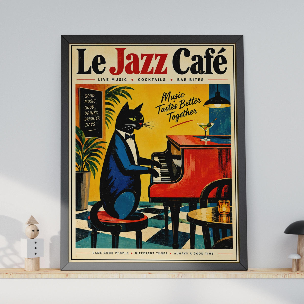 Le Jazz Cafe Black Cat Piano Poster, Retro Music Wall Art Print (A4)