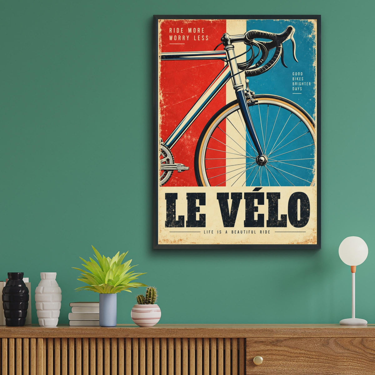 Le Velo Vintage Cycling Poster, Retro French Road Bike Art, Tricolor Decor