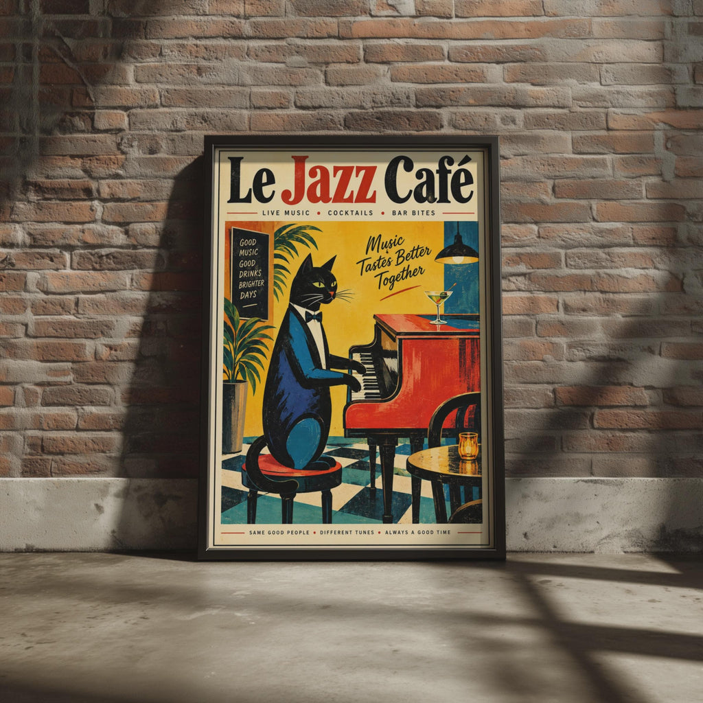 Le Jazz Cafe Black Cat Piano Poster, Retro Music Wall Art Print (A4)