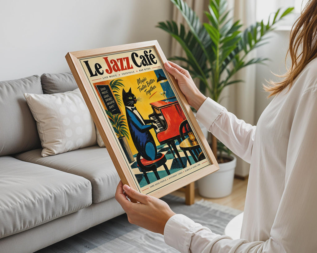 Le Jazz Cafe Black Cat Piano Poster, Retro Music Wall Art Print (A4)