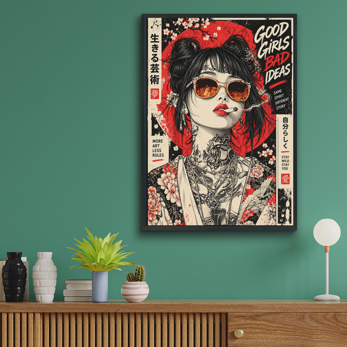Japanese Street Art Poster, Tattooed Woman, Cherry Blossom, Red Sun, Grunge Wall Art