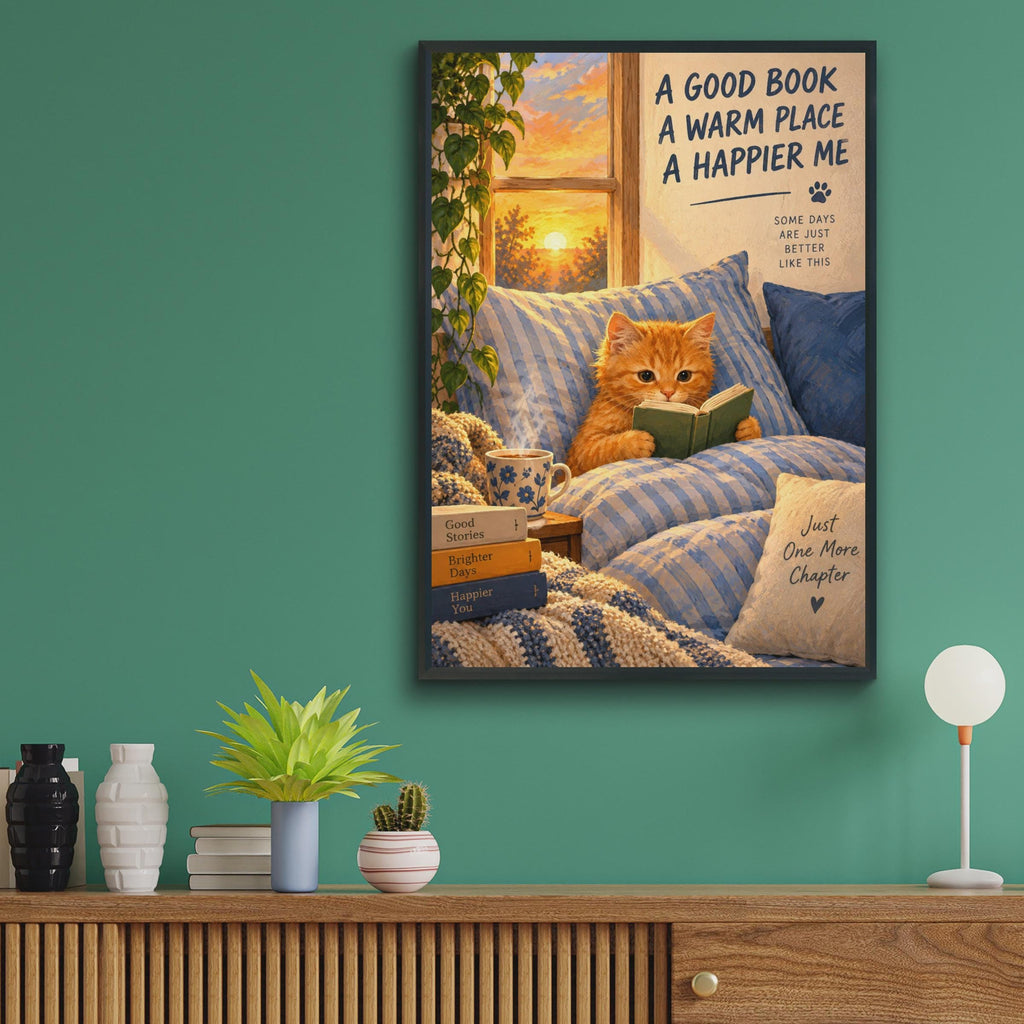 Ginger Kitten Reading Book Poster, Hygge Home Decor, Book Lover Gift