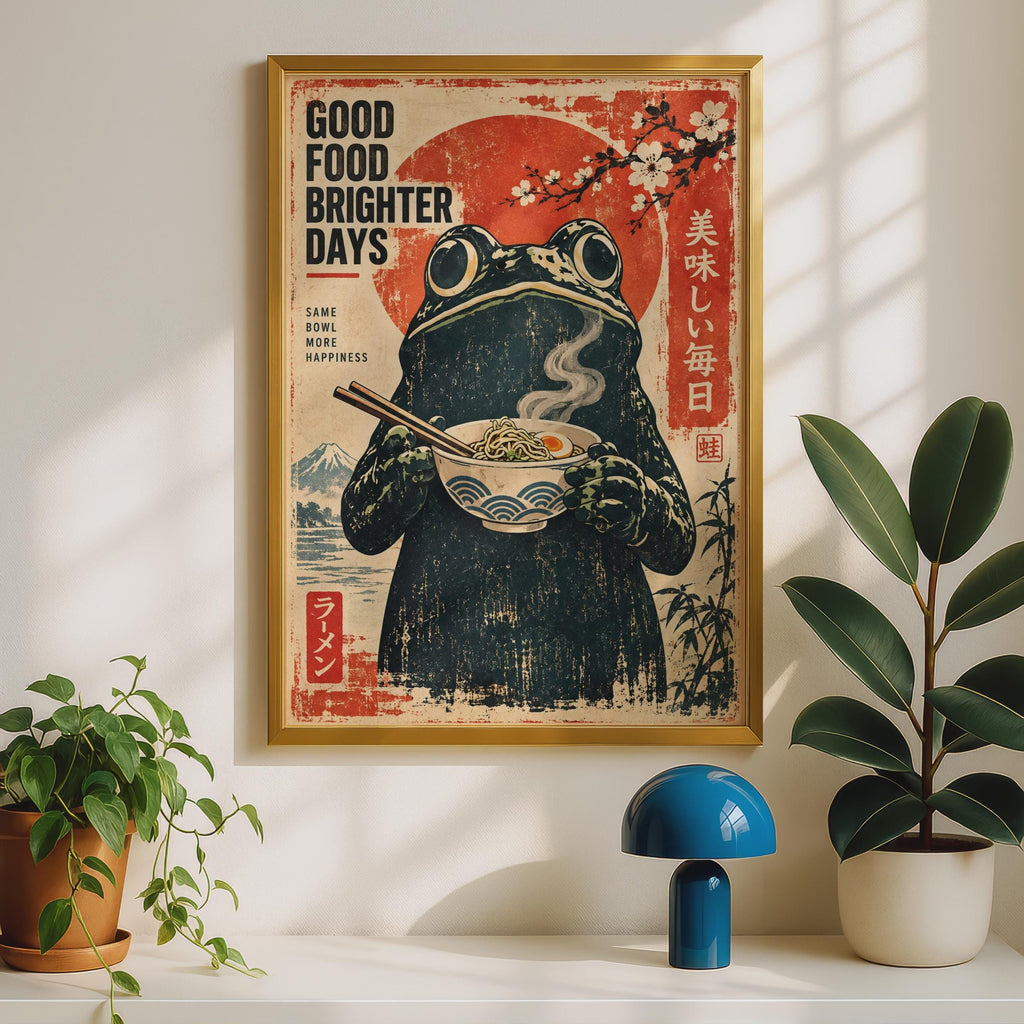 Vintage Frog Ramen Poster, Japanese Ukiyo-e Style Wall Art (A4)