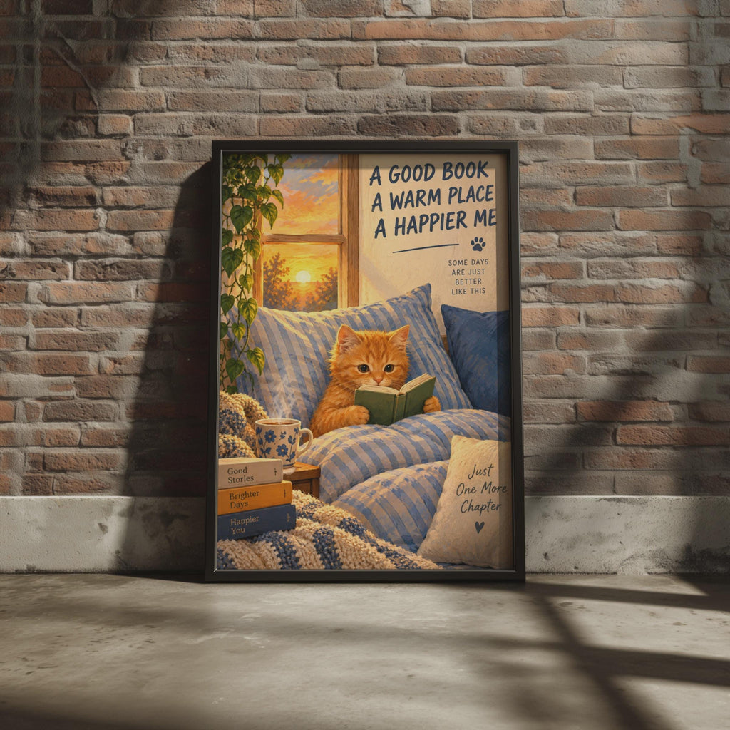 Ginger Kitten Reading Book Poster, Hygge Home Decor, Book Lover Gift