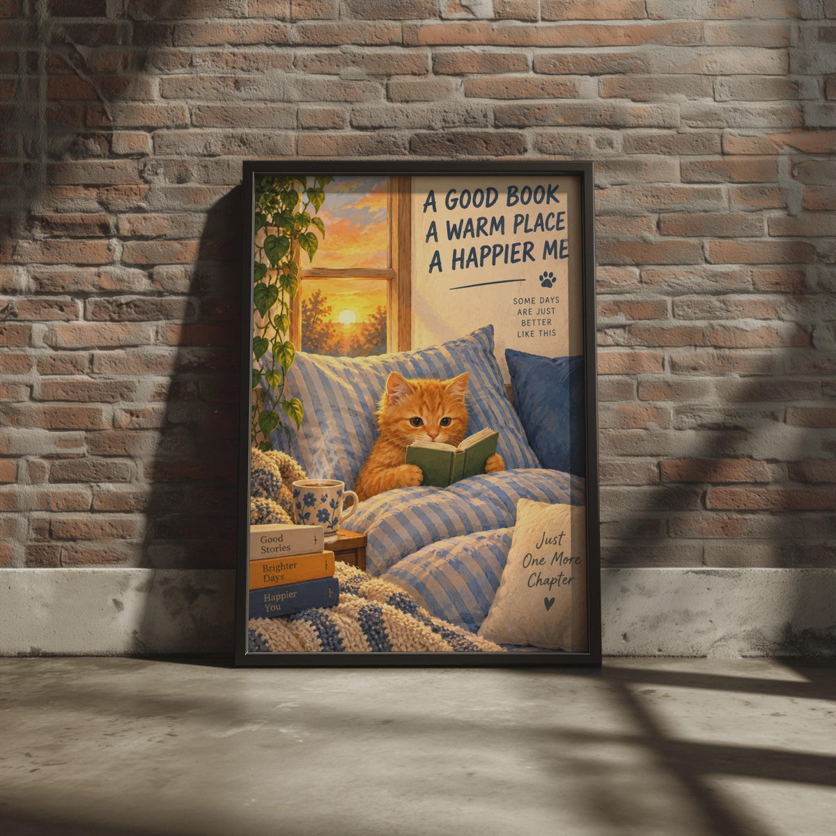 Ginger Kitten Reading Book Poster, Hygge Home Decor, Book Lover Gift