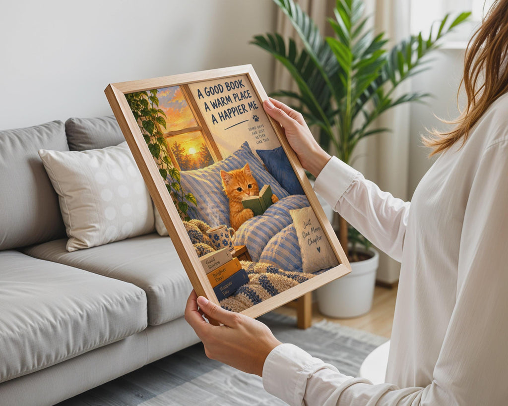 Ginger Kitten Reading Book Poster, Hygge Home Decor, Book Lover Gift