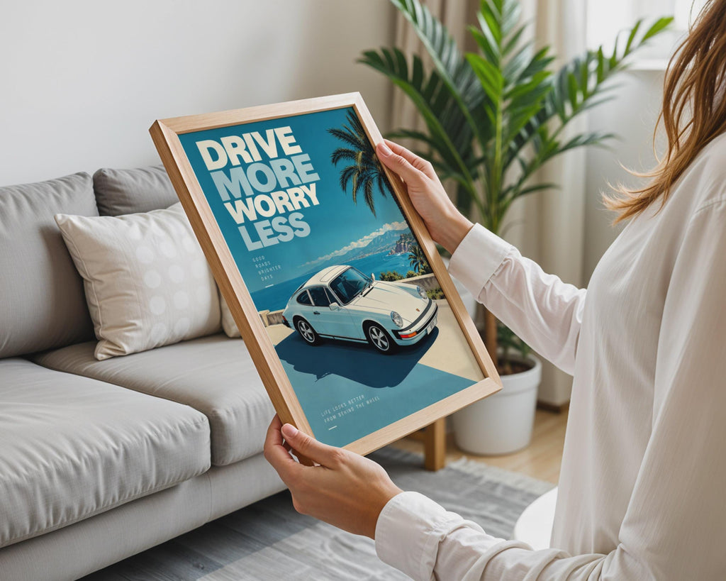Drive More Worry Less Porsche 911 Poster, Retro Automotive Art, Coastal Road Print