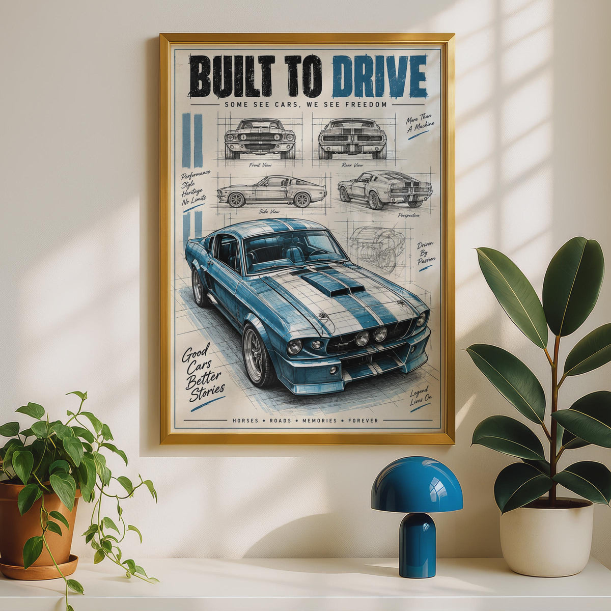 Built To Drive Shelby Mustang Blueprint Poster, Vintage Muscle Car Art (A4 Print)