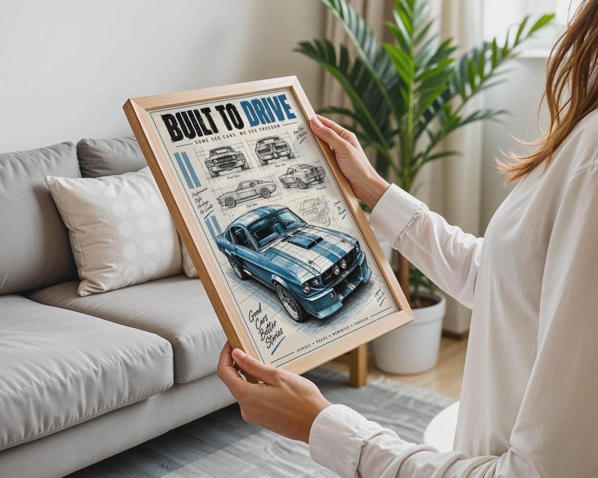 Built To Drive Shelby Mustang Blueprint Poster, Vintage Muscle Car Art (A4 Print)