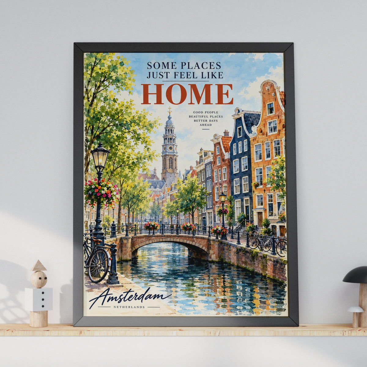 Amsterdam Canal Watercolour Poster, Westerkerk Bridge, Dutch City Print (Wall Art)