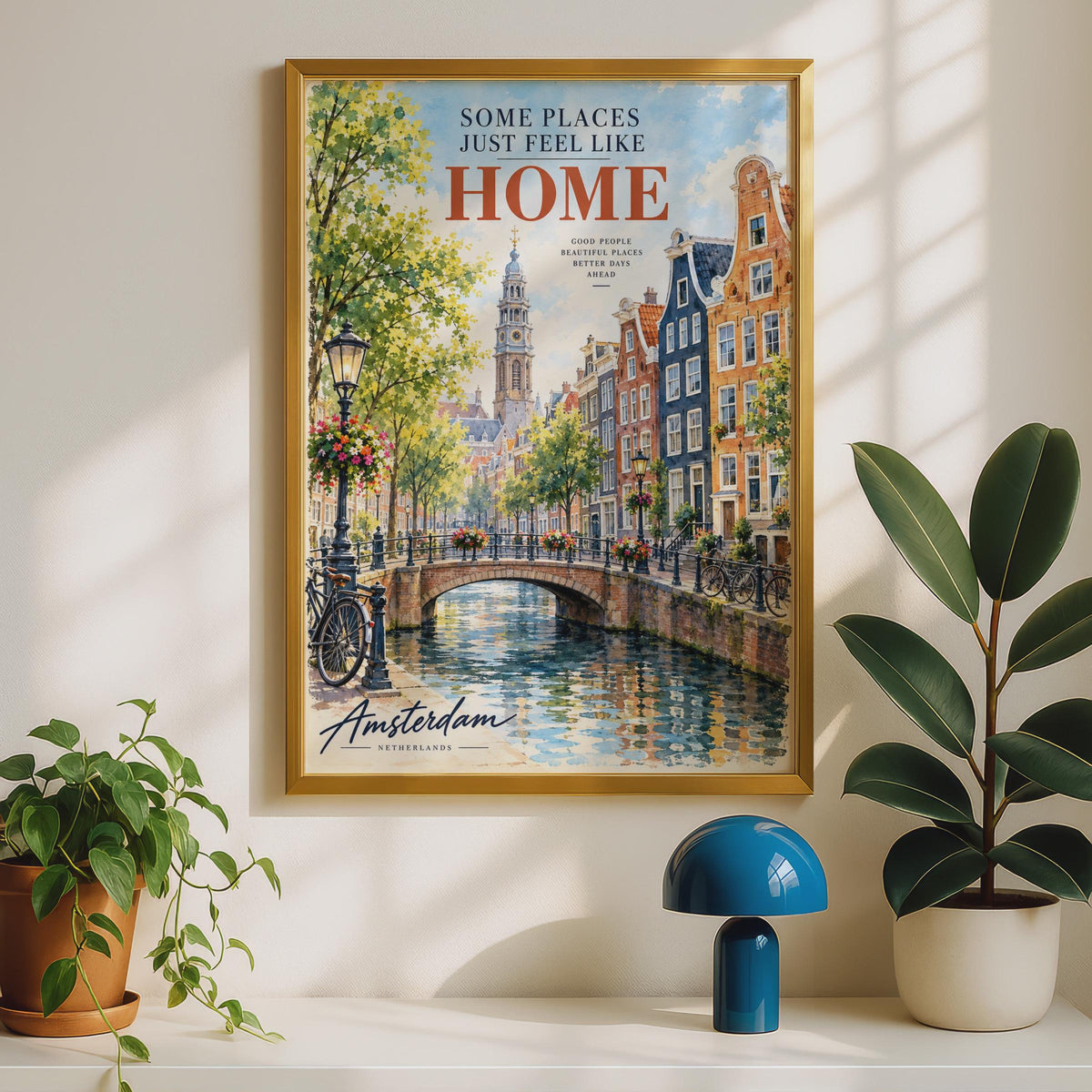 Amsterdam Canal Watercolour Poster, Westerkerk Bridge, Dutch City Print (Wall Art)