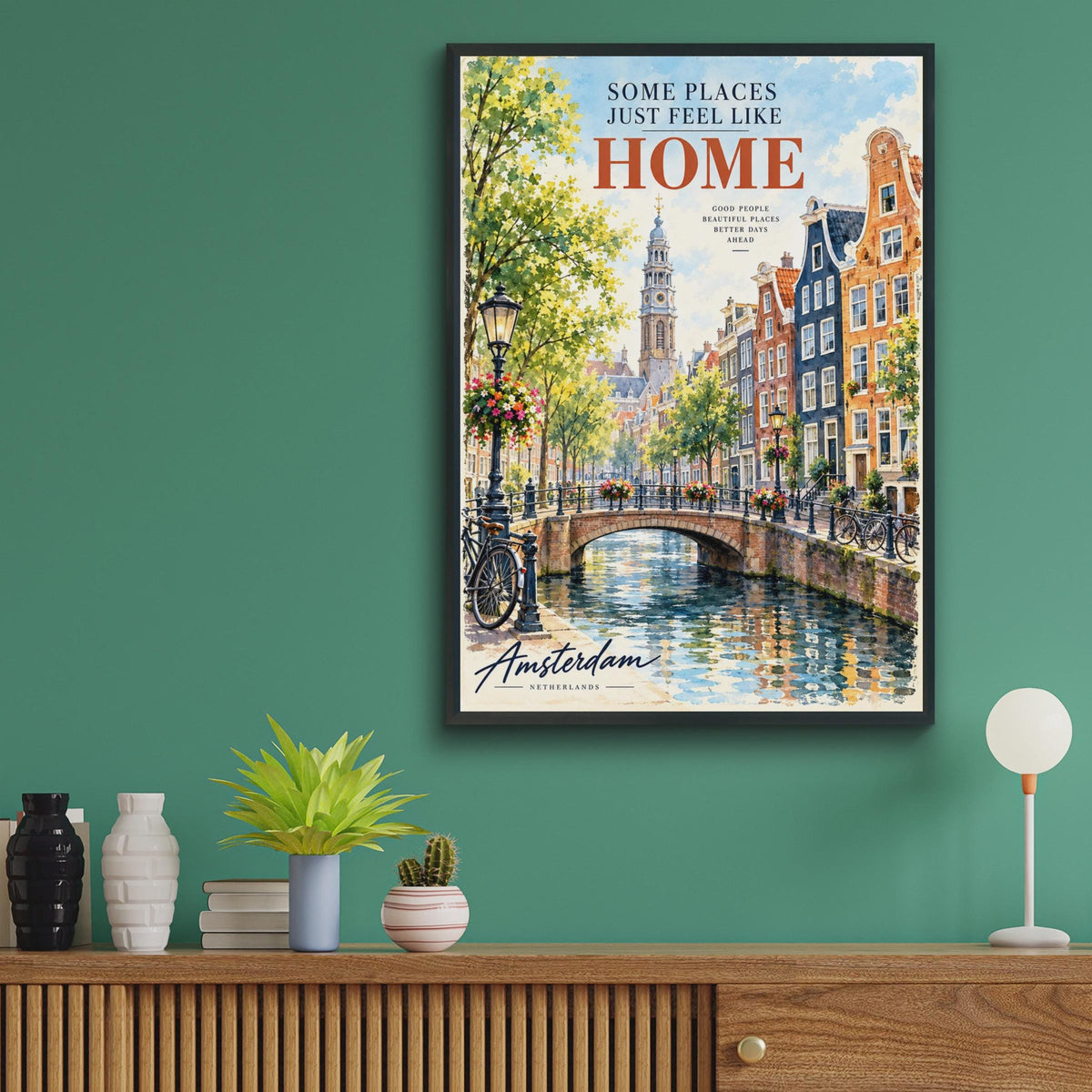 Amsterdam Canal Watercolour Poster, Westerkerk Bridge, Dutch City Print (Wall Art)