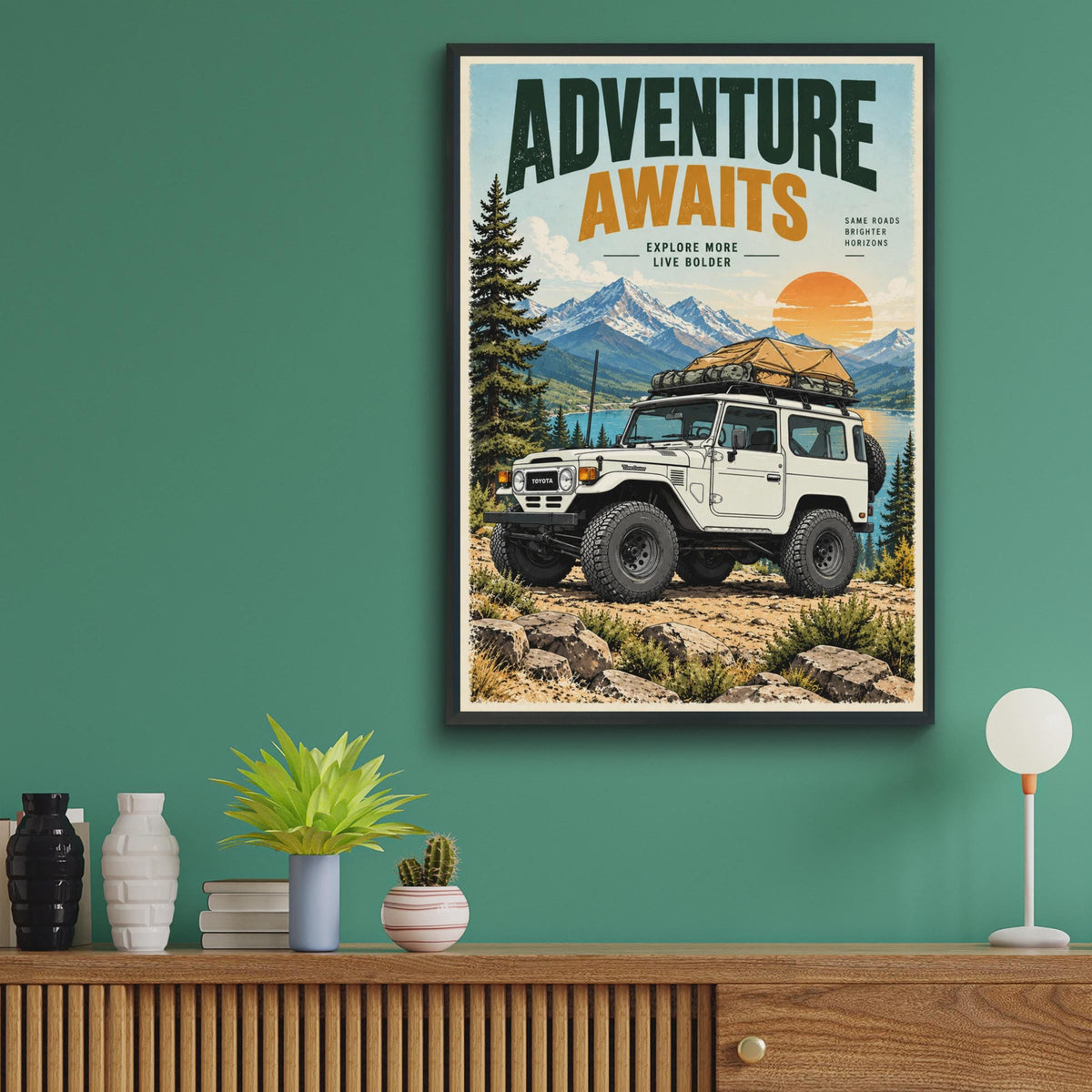 Adventure Awaits Toyota Land Cruiser FJ40 Poster, Retro Off-Road 4x4 Wall Art (Print)