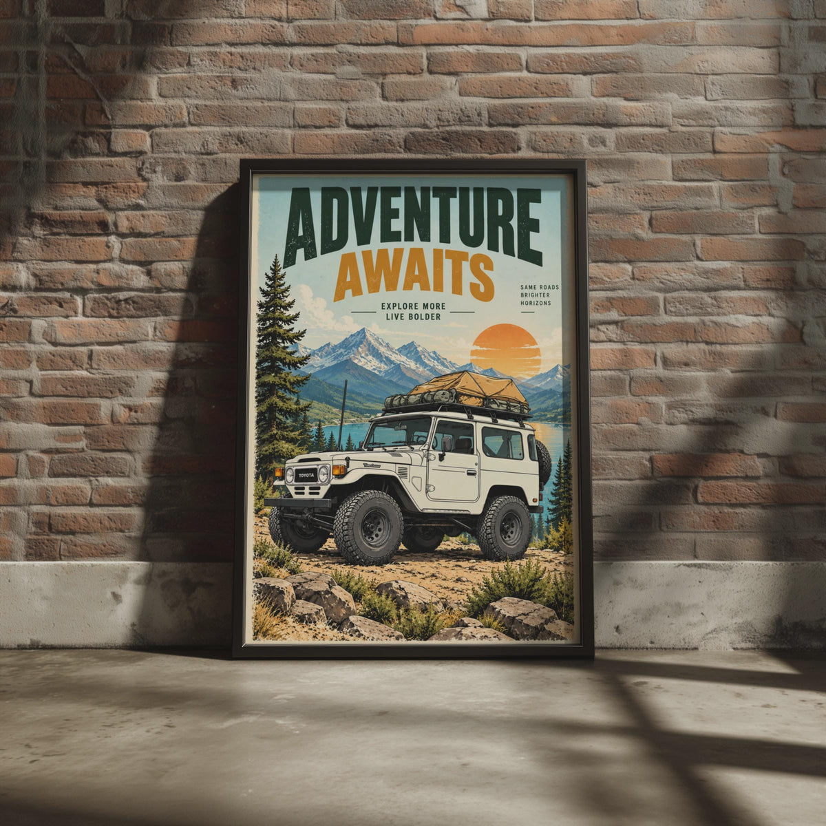 Adventure Awaits Toyota Land Cruiser FJ40 Poster, Retro Off-Road 4x4 Wall Art (Print)