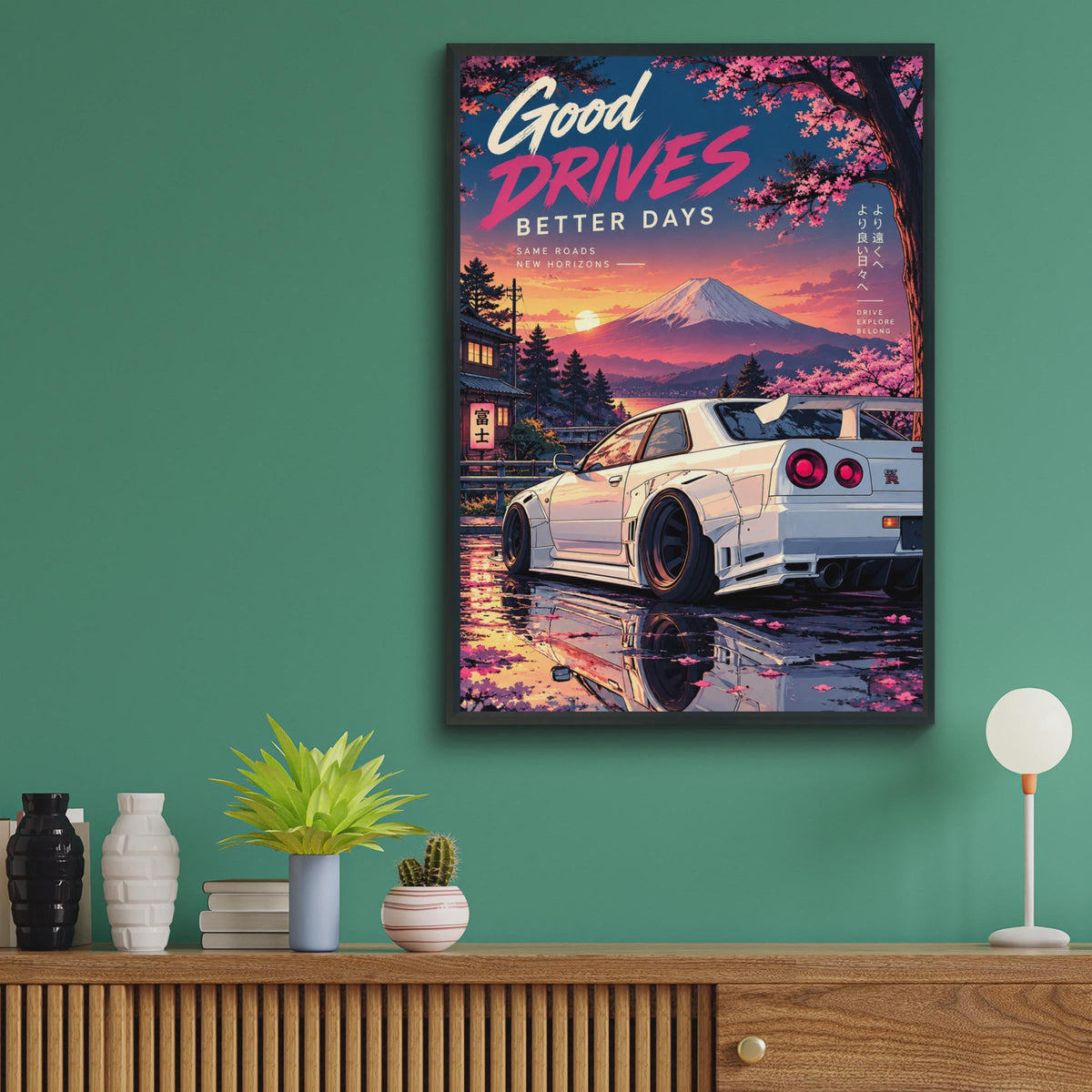 Nissan Skyline GTR R34 Poster, JDM Car Art, Mount Fuji Cherry Blossom Print, Anime Style