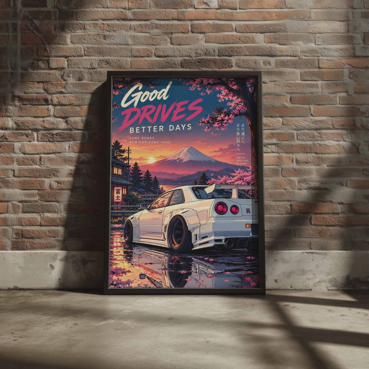 Nissan Skyline GTR R34 Poster, JDM Car Art, Mount Fuji Cherry Blossom Print, Anime Style