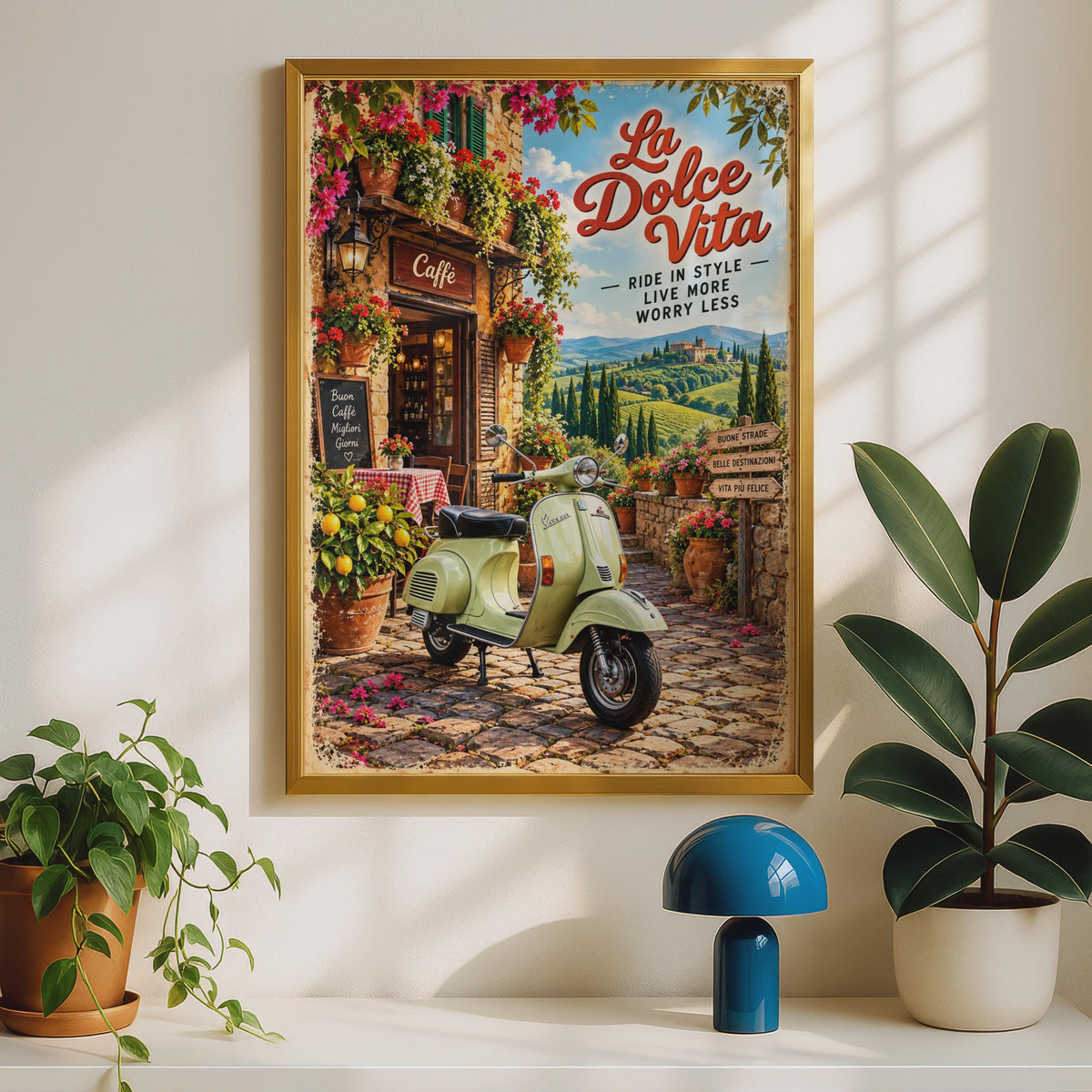 La Dolce Vita Vespa Scooter Poster, Italian Cafe Art, Tuscany Travel Decor