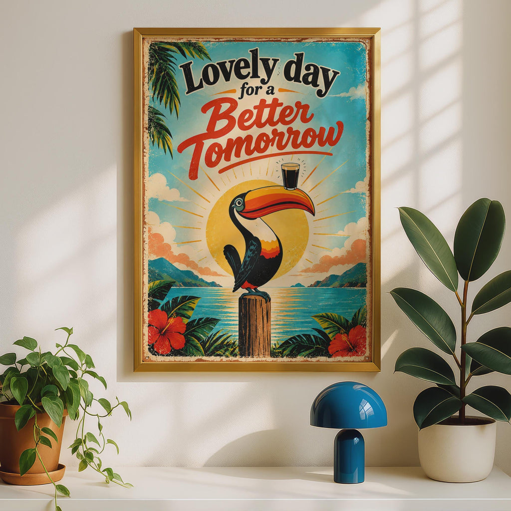 Retro Toucan Beer Poster, Tropical Sunrise, Humorous Quote Wall Art (Printed to Order)