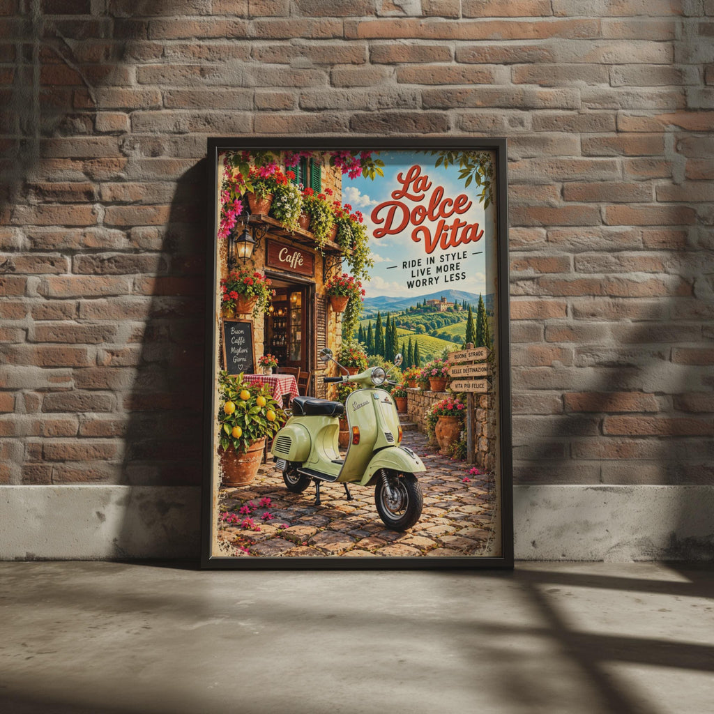 La Dolce Vita Vespa Scooter Poster, Italian Cafe Art, Tuscany Travel Decor