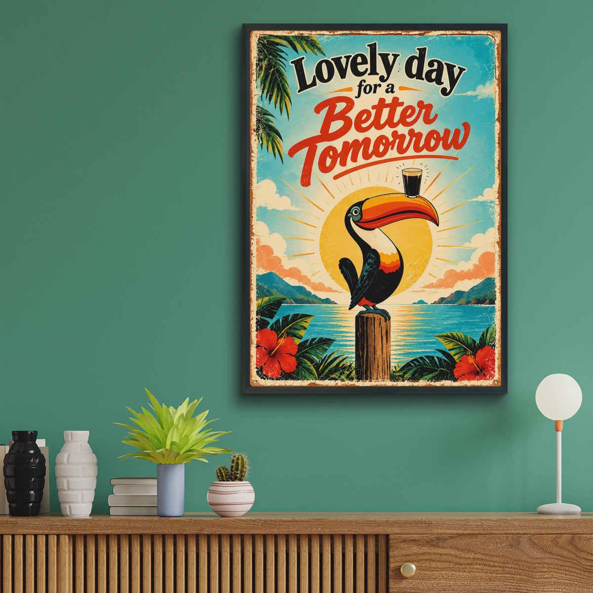 Retro Toucan Beer Poster, Tropical Sunrise, Humorous Quote Wall Art (Printed to Order)