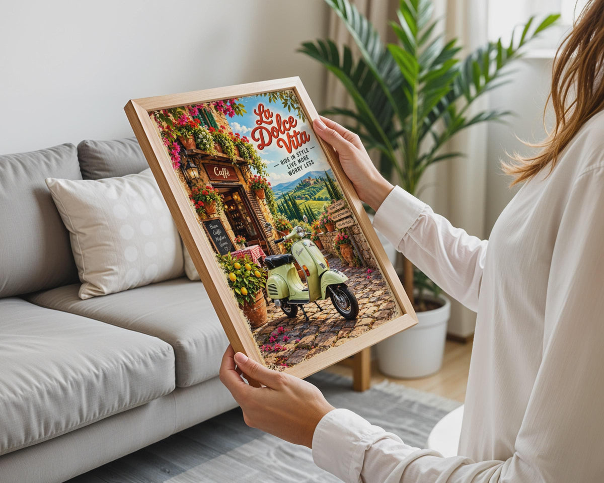 La Dolce Vita Vespa Scooter Poster, Italian Cafe Art, Tuscany Travel Decor
