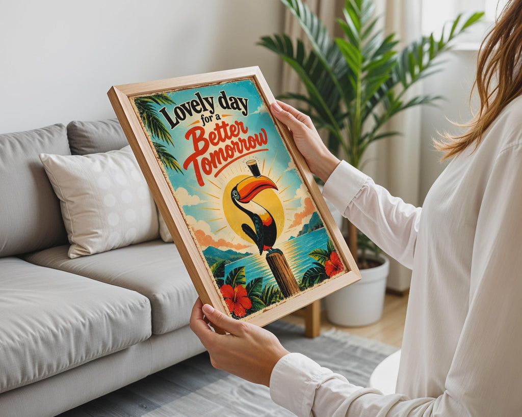 Retro Toucan Beer Poster, Tropical Sunrise, Humorous Quote Wall Art (Printed to Order)