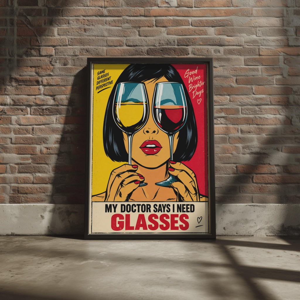 Funny Wine Lover Poster, Pop Art Glasses, Retro Kitchen Decor (Print)