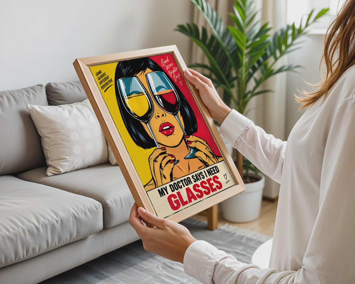 Funny Wine Lover Poster, Pop Art Glasses, Retro Kitchen Decor (Print)