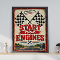 Start Your Engines Retro Racing Poster, Chequered Flag Motorsport Wall Art (A4)