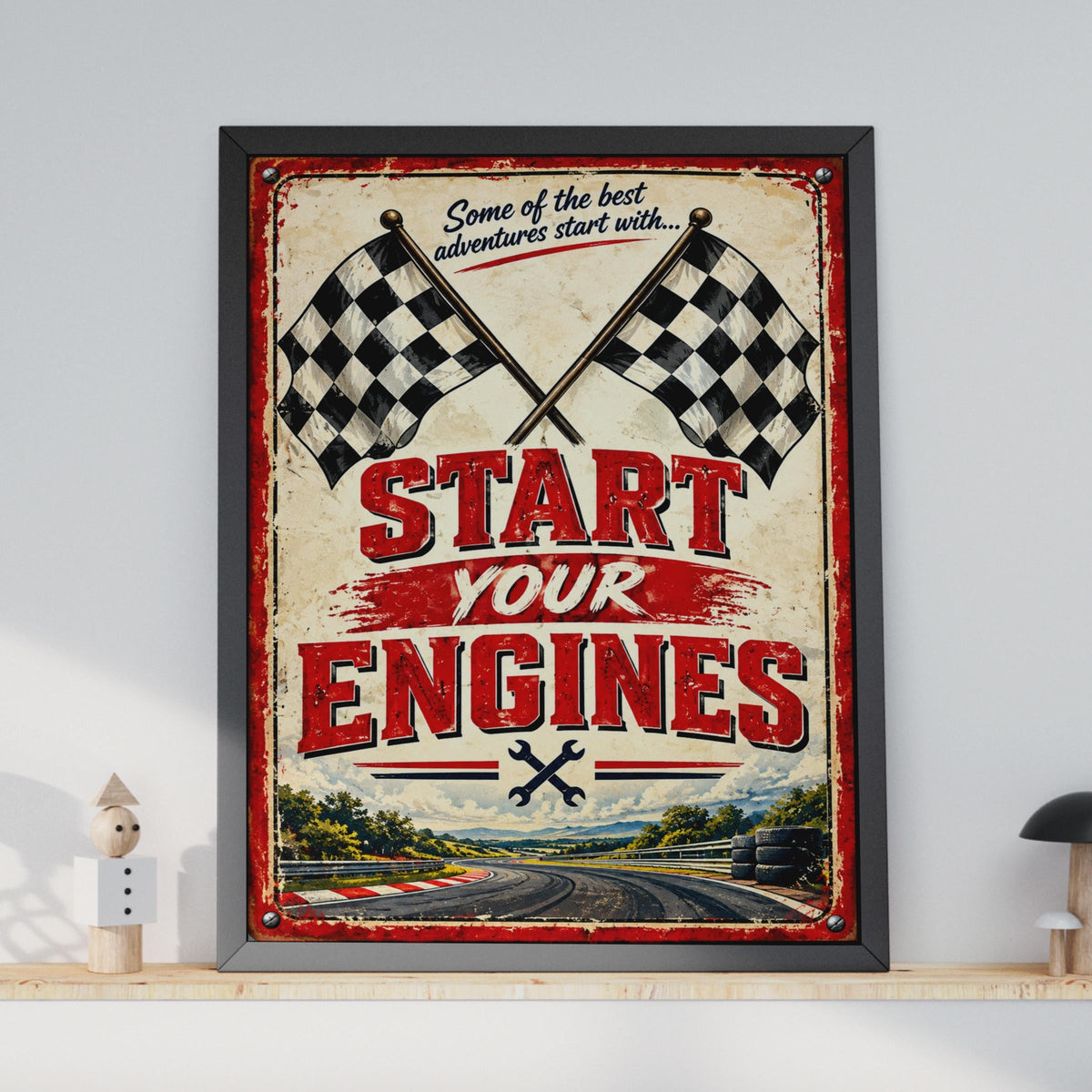 Start Your Engines Retro Racing Poster, Chequered Flag Motorsport Wall Art (A4)